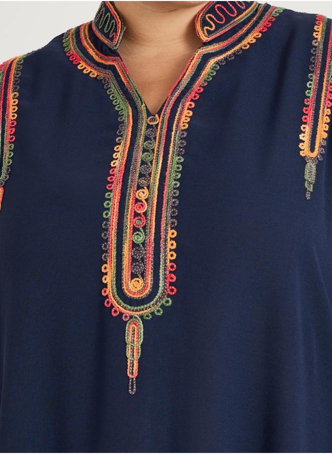 Styli Plus Size Embroidered Stand Collar A-Line Jalabiya