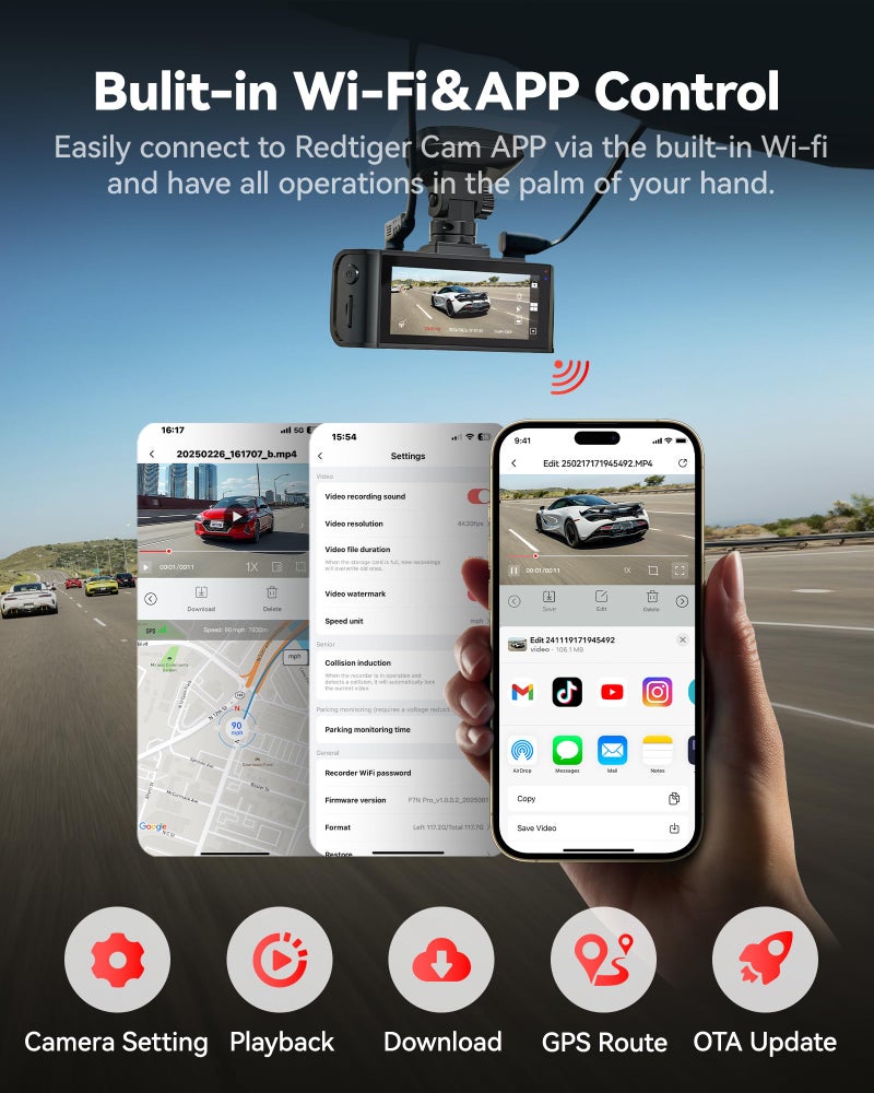 REDTIGER 4K Dash Cam Front and Rear, STARVIS 2 Sensor, 64GB Card Included, 4K/2.5K+1080P Dual Dash Camera for Cars Built-in WiFi GPS, 3.18 Inch IPS Screen, 170° Wide Angle, Parking Monitor (F7N Pro) - Image 4