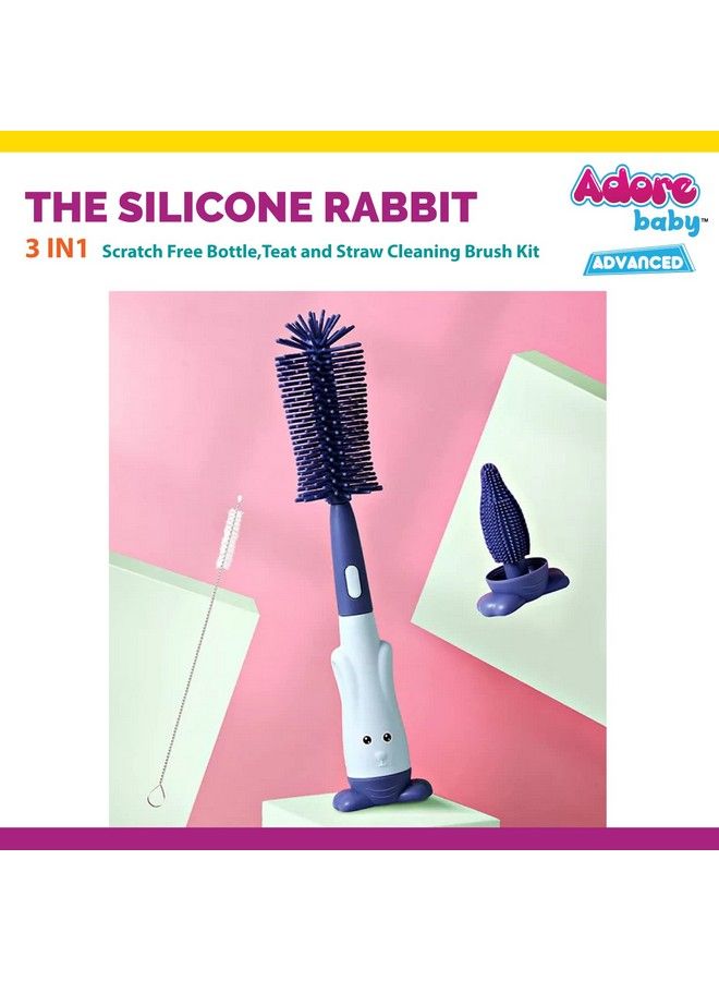 Adore Rabit 3In1 Baby Bottle Brush Silicone Bottle Brush Straw Brush Pacifier Brush Set Water Cup Cleaning Brush (Silicone Blue) - Image 4
