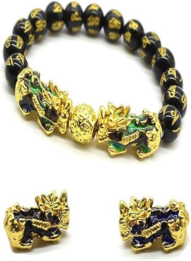 GEMTUB Black Obsidian Pixiu Bracelet | 10mm Beads, Gold-Plated 2 Color-Changing Pixiu Charms for Wealth & Luck - Image 4