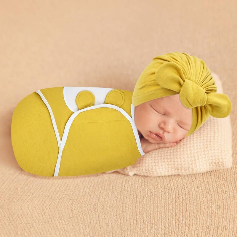 Cinaci 2 Pack Soft Cotton Baby Receiving Swaddle Blankets Wraps Sleep Sacks with Matching Bow Newborn Nursery Bow Hats Caps Beanies Bonnets for Baby Girls Boys Newborns Infants (Multicolor S9) - Image 3