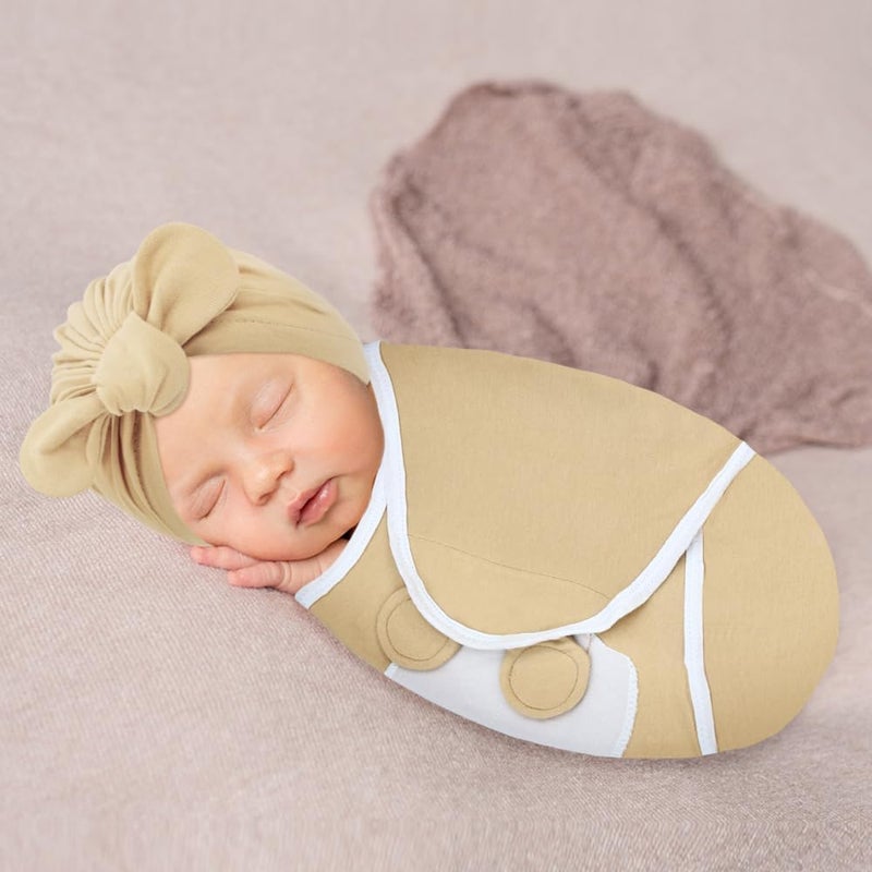 Cinaci 2 Pack Soft Cotton Baby Receiving Swaddle Blankets Wraps Sleep Sacks with Matching Bow Newborn Nursery Bow Hats Caps Beanies Bonnets for Baby Girls Boys Newborns Infants (Multicolor S9) - Image 2