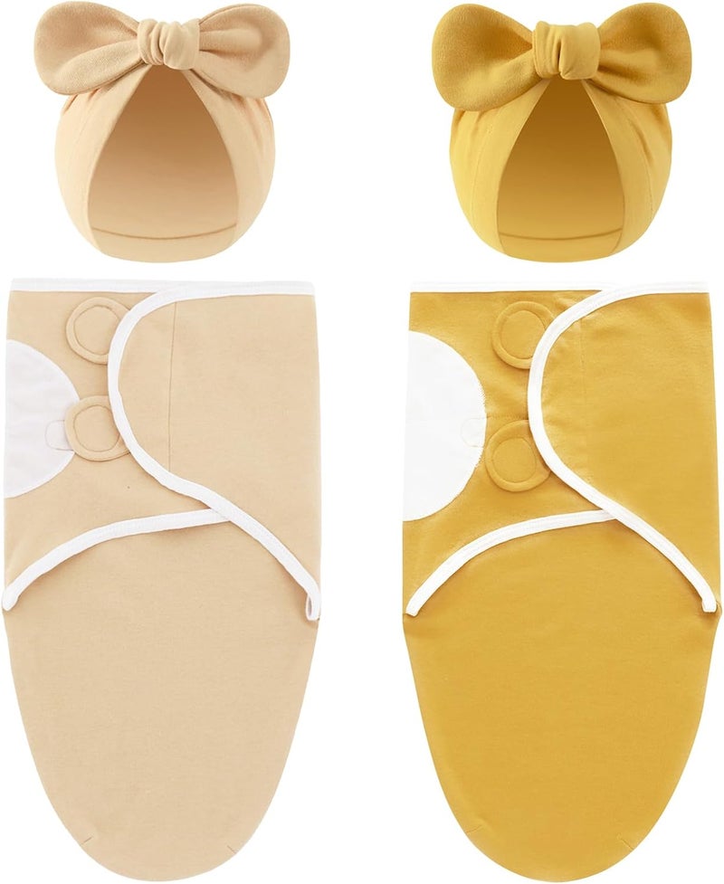 Cinaci 2 Pack Soft Cotton Baby Receiving Swaddle Blankets Wraps Sleep Sacks with Matching Bow Newborn Nursery Bow Hats Caps Beanies Bonnets for Baby Girls Boys Newborns Infants (Multicolor S9) - Image 1