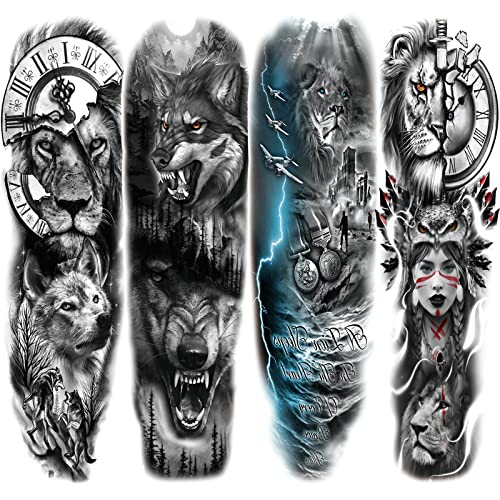 Briyhose Lion Wolf Temporary Tattoo Sleeve, Large Full Arm Animal Tribal Fake Tattoos Sleeve For Men Women Adult, Long Lasting Black Arm Temp Tatoo Sticker Leg Body Art Makeup, 4-Sheet - Image 1