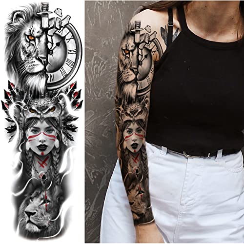 Briyhose Lion Wolf Temporary Tattoo Sleeve, Large Full Arm Animal Tribal Fake Tattoos Sleeve For Men Women Adult, Long Lasting Black Arm Temp Tatoo Sticker Leg Body Art Makeup, 4-Sheet - Image 4