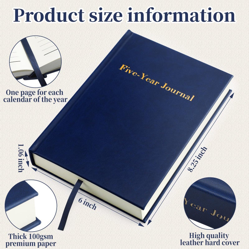 Resurhang Hard Cover 5 Year Journal 6 x 8.5 Inch 5 Year Memory Notebook Daily Journal, Yearly Undated Diary Life Planner Log Book Gifts for Men and Women (Navy Blue) - Image 2