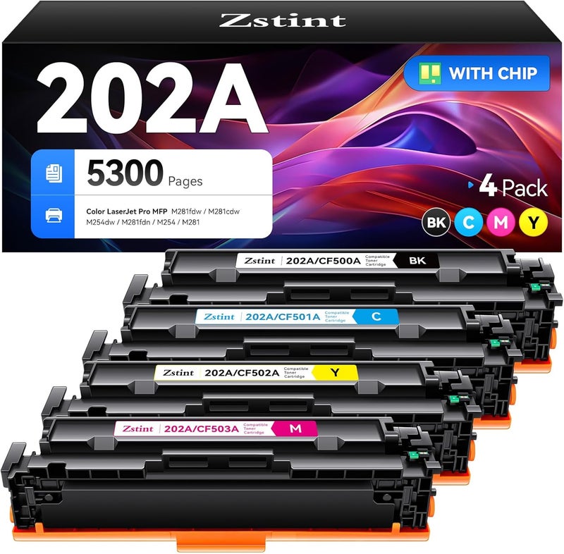 Zstint 202A Toner Cartridge Set 4-Pack Replacement for HP 202A 202X CF500A CF501A CF502A CF503A Compatible HP Color Laserjet Pro MFP M281cdw M281fdw M254dw M254dn M254nw M281fdn M280nw M254 M281 Printer Ink - Image 1