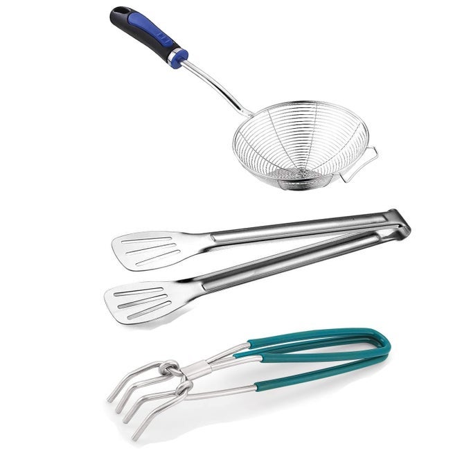 FRYING STRAINER PURI JHARA DEEP FRY OIL STRAINER STAINLESS STEEL PAKKAD SANDASI WIRE TONG TONGS FOR KITCHEN STAINLESS STEEL UTILITY FRYING COOKING SERVING FOOD KITCHEN GRILL COMBO OF 3