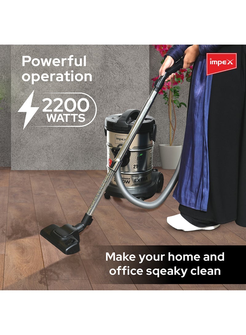 Impex PowerPro Vacuum Cleaner VC 4708-2200W | Ultra-Capacity 21L | Advanced Accessories | High Performance And Low Noise | Strong Metal Body | Convenient Handle 21 L 2200 W VC 4708 Black/Silver - Image 3