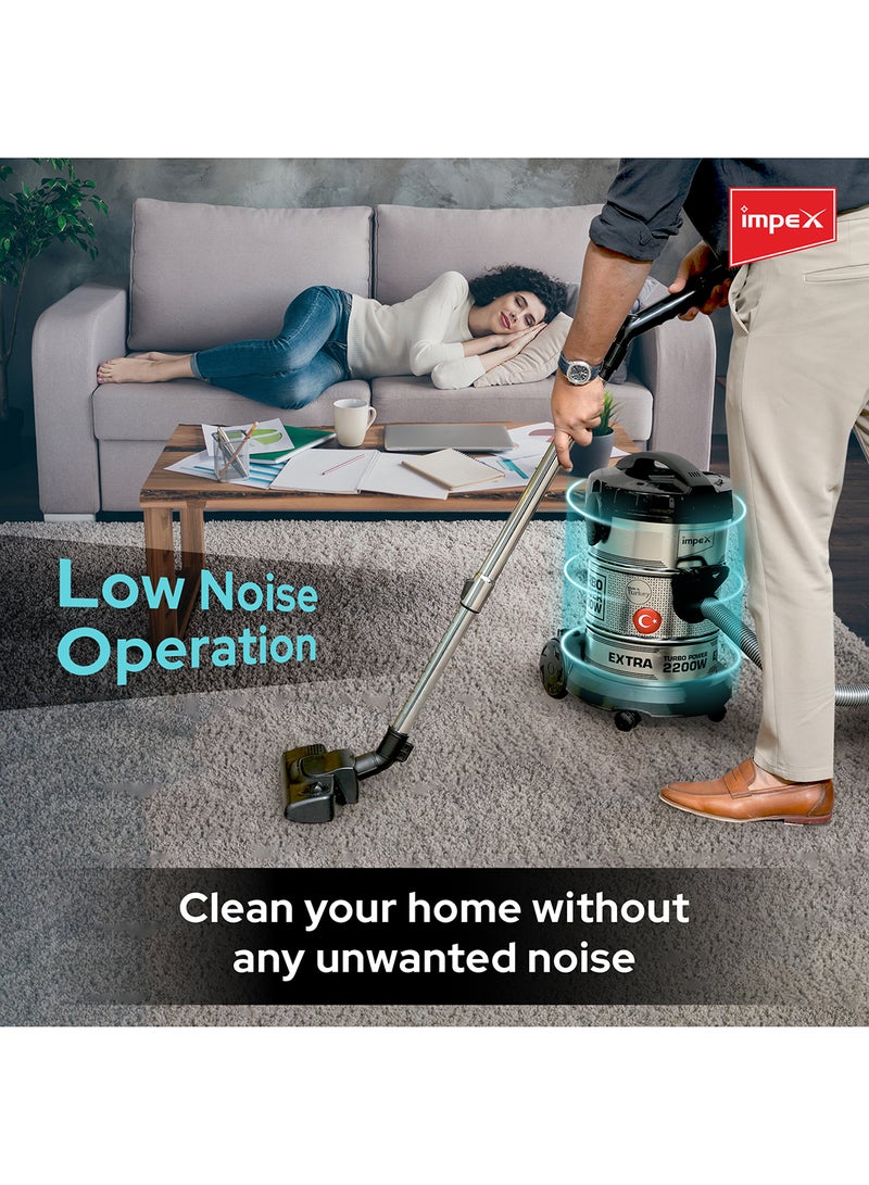 Impex PowerPro Vacuum Cleaner VC 4708-2200W | Ultra-Capacity 21L | Advanced Accessories | High Performance And Low Noise | Strong Metal Body | Convenient Handle 21 L 2200 W VC 4708 Black/Silver - Image 4