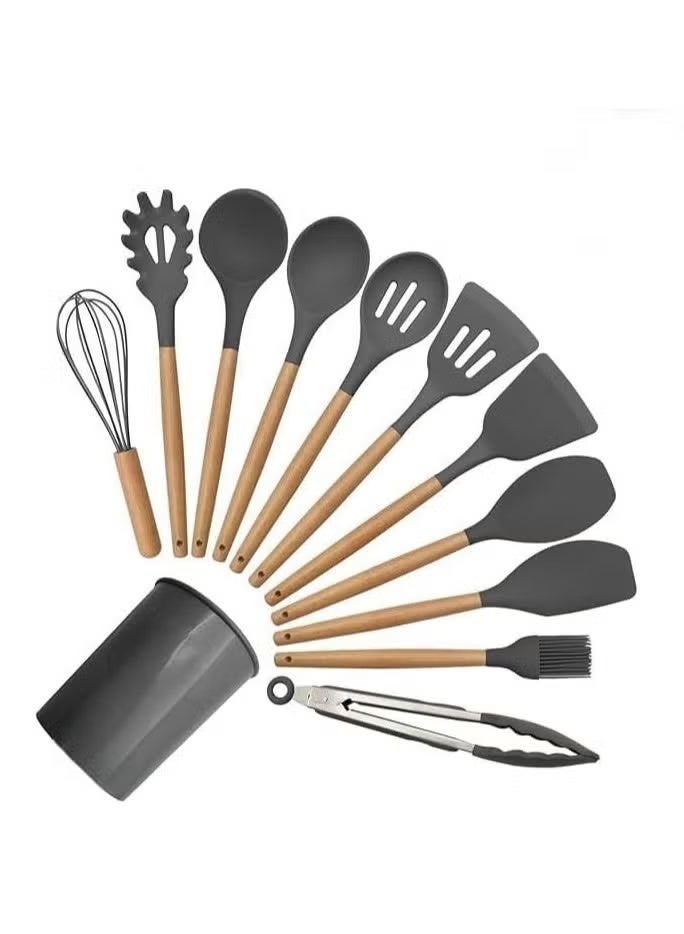 مجموعة أدوات مطبخ ، 12 قطعة من ملاعق السيليكون للخبز والطهي والتزيين، أدوات مقاومة للحرارة غير لاصقة بمقابض خشبية، خالية من مادة BPA، متينة وسهلة التنظيف، تتضمن حاملًا، ألوان متنوعة - Image 1