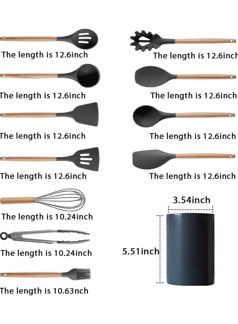 مجموعة أدوات مطبخ ، 12 قطعة من ملاعق السيليكون للخبز والطهي والتزيين، أدوات مقاومة للحرارة غير لاصقة بمقابض خشبية، خالية من مادة BPA، متينة وسهلة التنظيف، تتضمن حاملًا، ألوان متنوعة - Image 3