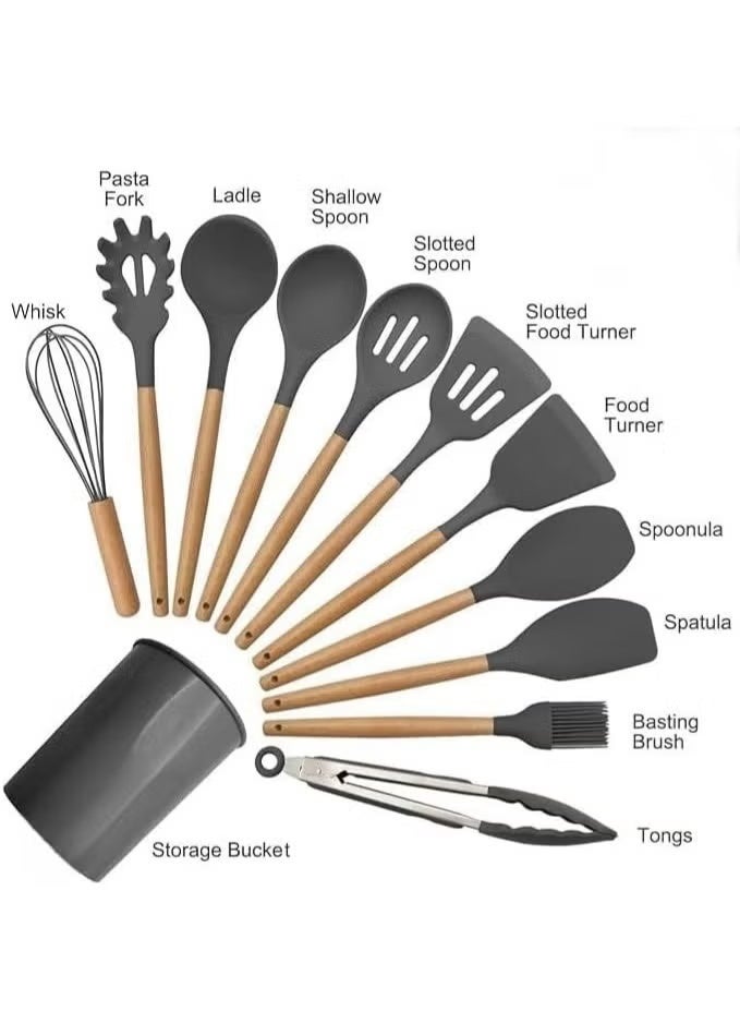 مجموعة أدوات مطبخ ، 12 قطعة من ملاعق السيليكون للخبز والطهي والتزيين، أدوات مقاومة للحرارة غير لاصقة بمقابض خشبية، خالية من مادة BPA، متينة وسهلة التنظيف، تتضمن حاملًا، ألوان متنوعة - Image 2