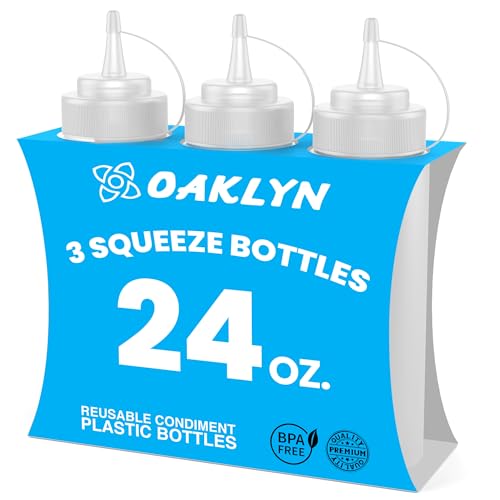 Oaklyn Squeeze Bottles 24oz 3 Pack Large Size  Reusable Condiment Bottles for Sauces Liquids BPAFree Leak Proof Design Easy to Clean Plastic Squeeze Bottles with Nozzle