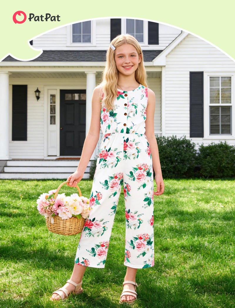 PATPAT Girls Jumpsuits Size 10-12, Green+White Floral+Palm, 3 Piece Jumpsuits Girls Rompers Size 10-12, V Neck Sleeveless Button Up Rompers With Pockets, Summer Outfits Kids Overalls - Image 2