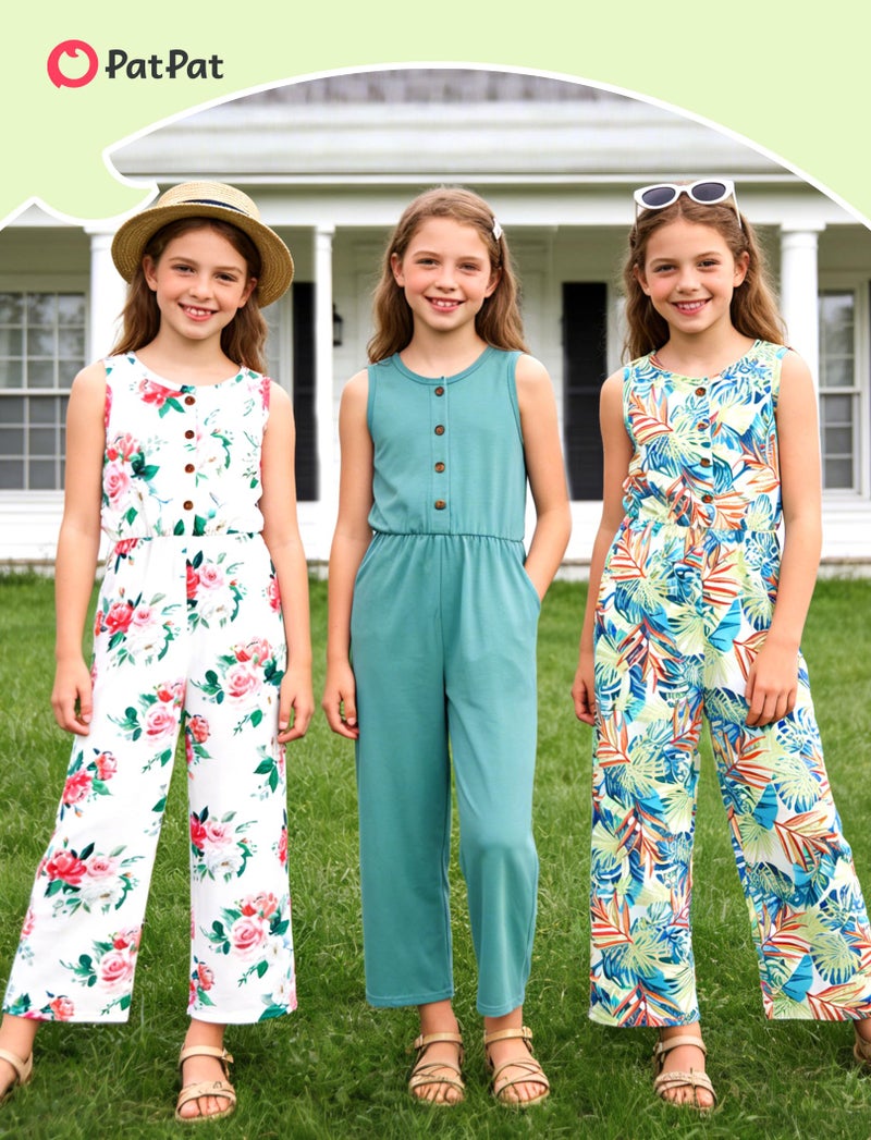 PATPAT Girls Jumpsuits Size 10-12, Green+White Floral+Palm, 3 Piece Jumpsuits Girls Rompers Size 10-12, V Neck Sleeveless Button Up Rompers With Pockets, Summer Outfits Kids Overalls - Image 5