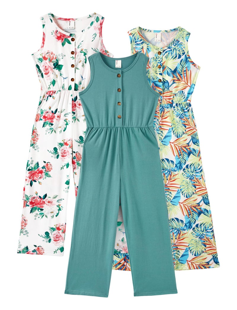 PATPAT Girls Jumpsuits Size 10-12, Green+White Floral+Palm, 3 Piece Jumpsuits Girls Rompers Size 10-12, V Neck Sleeveless Button Up Rompers With Pockets, Summer Outfits Kids Overalls - Image 1