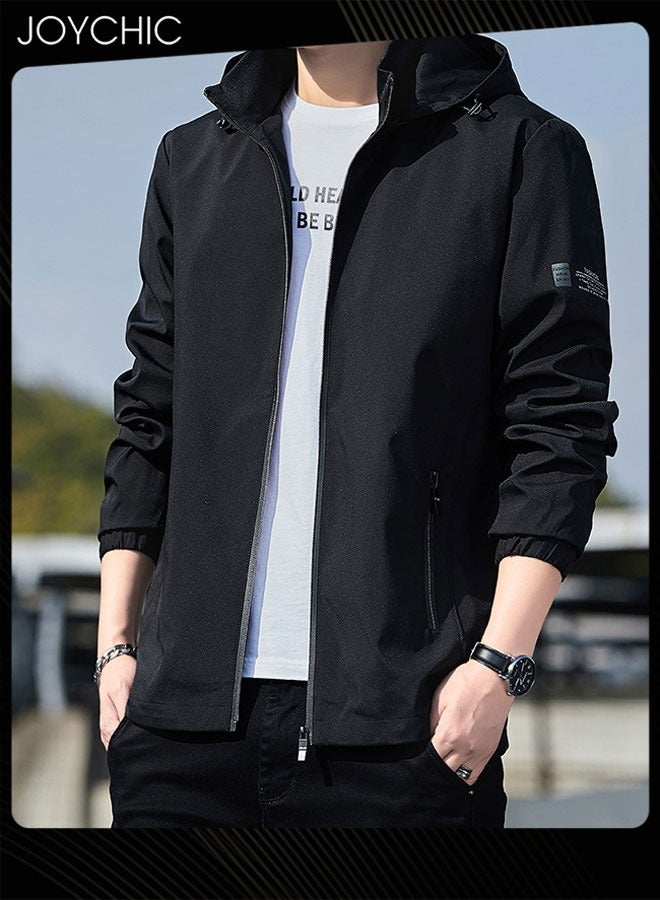 Joychic Solid Pattern Spring and Autumn Men's Jacket Hooded Casual Sports Windproof Zipper Coat with Cap Outdoor - Image 1