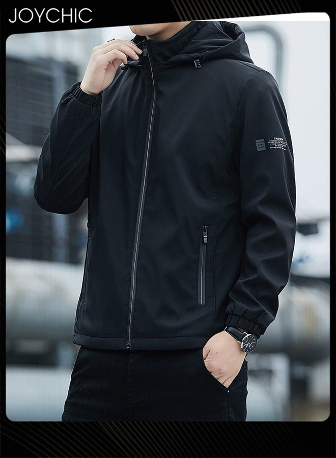 Joychic Solid Pattern Spring and Autumn Men's Jacket Hooded Casual Sports Windproof Zipper Coat with Cap Outdoor - Image 2