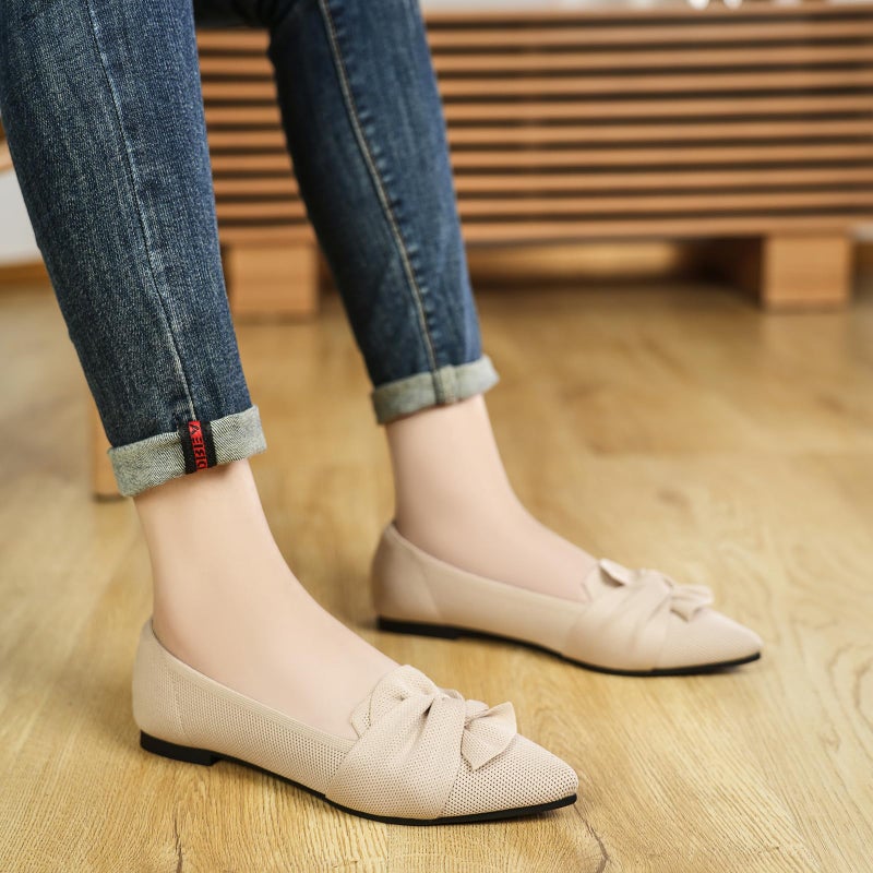 HIULYCENCE Flats for Women Pointed Toe Ballet Flats with Bow Comfortable Knit Dressy Flats Nude US9 - Image 2
