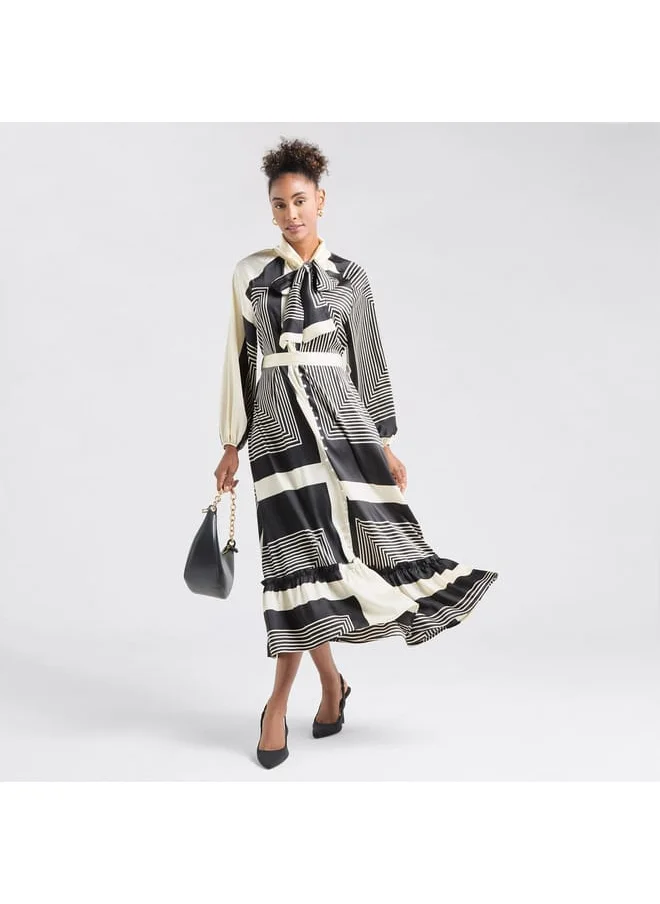 FAV All-Over Print Shirt Dress with Long Sleeves and Flounce Hem