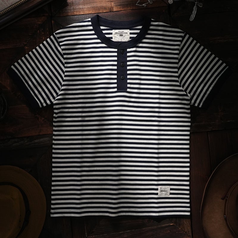 American Style Tough Man Style Henry Collar Striped Short-Sleeved Men'S T-Shirt Washed Cotton Comfortable Sea Soul Shirt Base Shirt Half-Sleeved Tee - Image 1