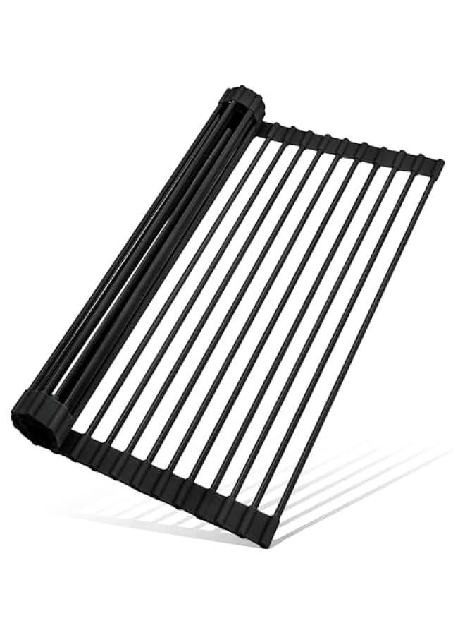 HOOKOR Roll Up Dish Drying Rack Silicone Wrapped Over The Sink Dish Drying Rack Multipurpose Foldable Sink Drying Mat Anti-Slip & Anti-Rust Dish Rack for Kitchen (Black, 43x33CM) - Image 1