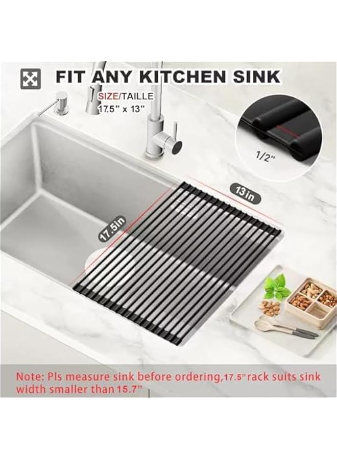 HOOKOR Roll Up Dish Drying Rack Silicone Wrapped Over The Sink Dish Drying Rack Multipurpose Foldable Sink Drying Mat Anti-Slip & Anti-Rust Dish Rack for Kitchen (Black, 43x33CM) - Image 2