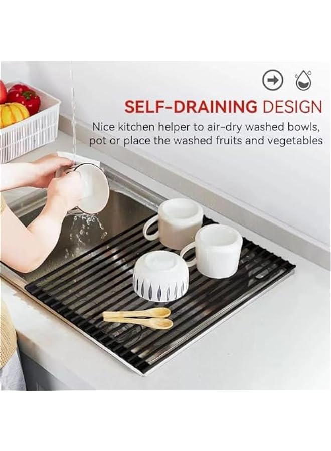 HOOKOR Roll Up Dish Drying Rack Silicone Wrapped Over The Sink Dish Drying Rack Multipurpose Foldable Sink Drying Mat Anti-Slip & Anti-Rust Dish Rack for Kitchen (Black, 43x33CM) - Image 3