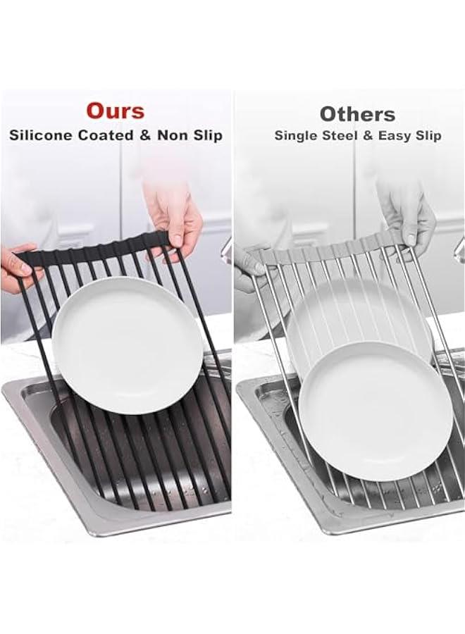 HOOKOR Roll Up Dish Drying Rack Silicone Wrapped Over The Sink Dish Drying Rack Multipurpose Foldable Sink Drying Mat Anti-Slip & Anti-Rust Dish Rack for Kitchen (Black, 43x33CM) - Image 4
