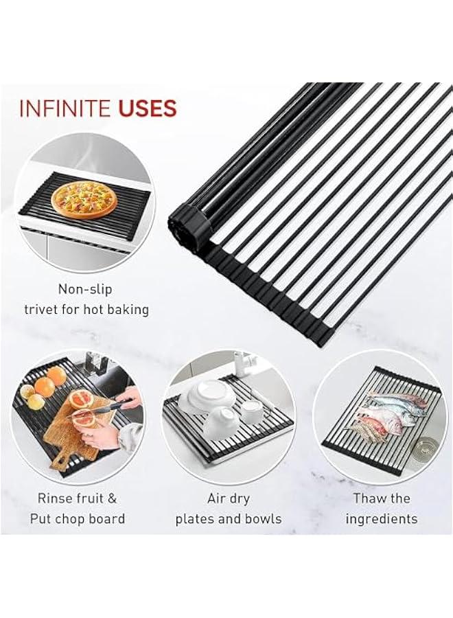HOOKOR Roll Up Dish Drying Rack Silicone Wrapped Over The Sink Dish Drying Rack Multipurpose Foldable Sink Drying Mat Anti-Slip & Anti-Rust Dish Rack for Kitchen (Black, 43x33CM) - Image 5