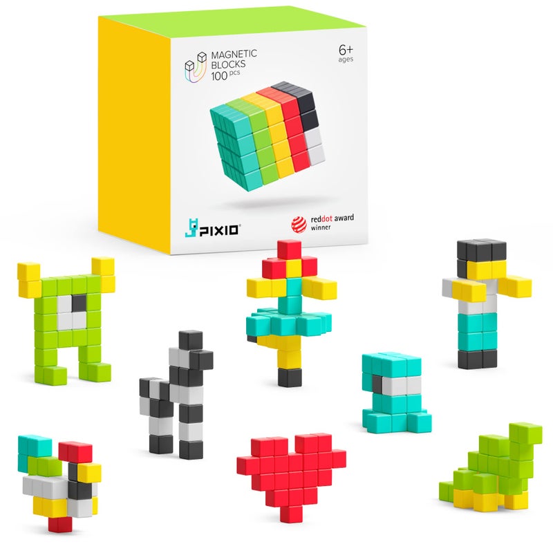 PIXIO-100 - Tiny Magnetic Blocks Building Toy in The Pixel Art Style with Free App - 5/16" Plastic Cubes with 6 Magnets Inside - Open Ended Toy - Creativity Toy for Ages 6+ - Image 1