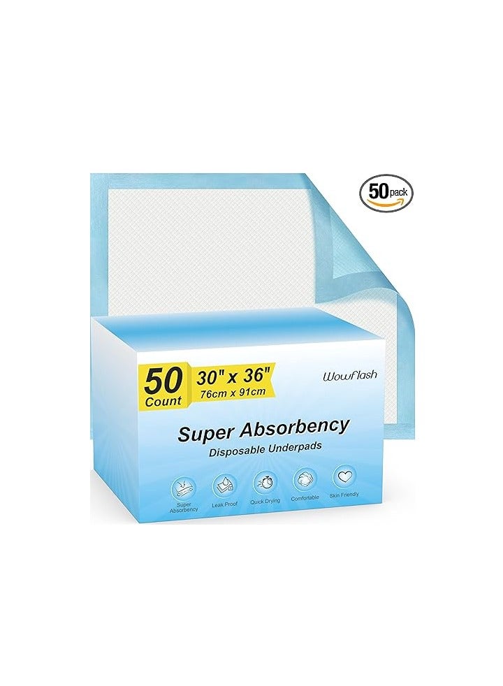 Wowflash 50 Count 30” x 36” Super Absorbency Disposable Underpads, Leakproof Quick Drying, Baby Puppy & Adults Bed Pads Disposable Adults, Dog Pee Pads Extra Large, XXL Incontinence Pads - Image 1
