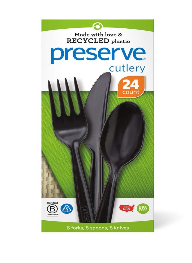 Preserve Recycled Plastic Cutlery Made in USA, 24 Count (8 Forks, 8 Knives, 8 Spoons), Black - Image 1
