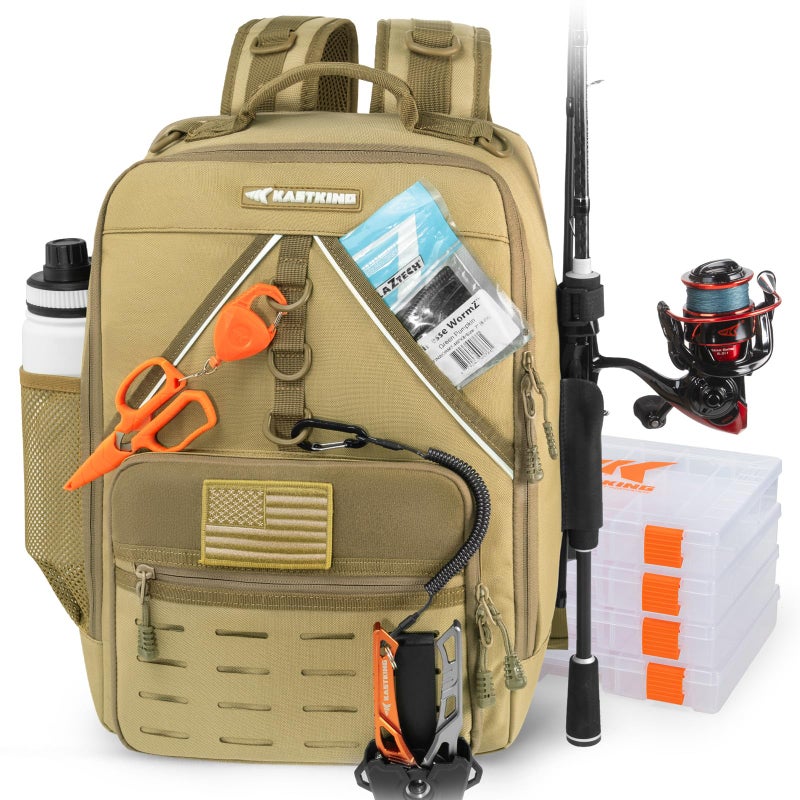 KastKing KarryAll Fishing Tackle Backpack with Rod Holder 4 Tackle Boxes,40/26L Tackle Bag Storage Fishing Gear and Equipment,Khaki,Medium - Image 1