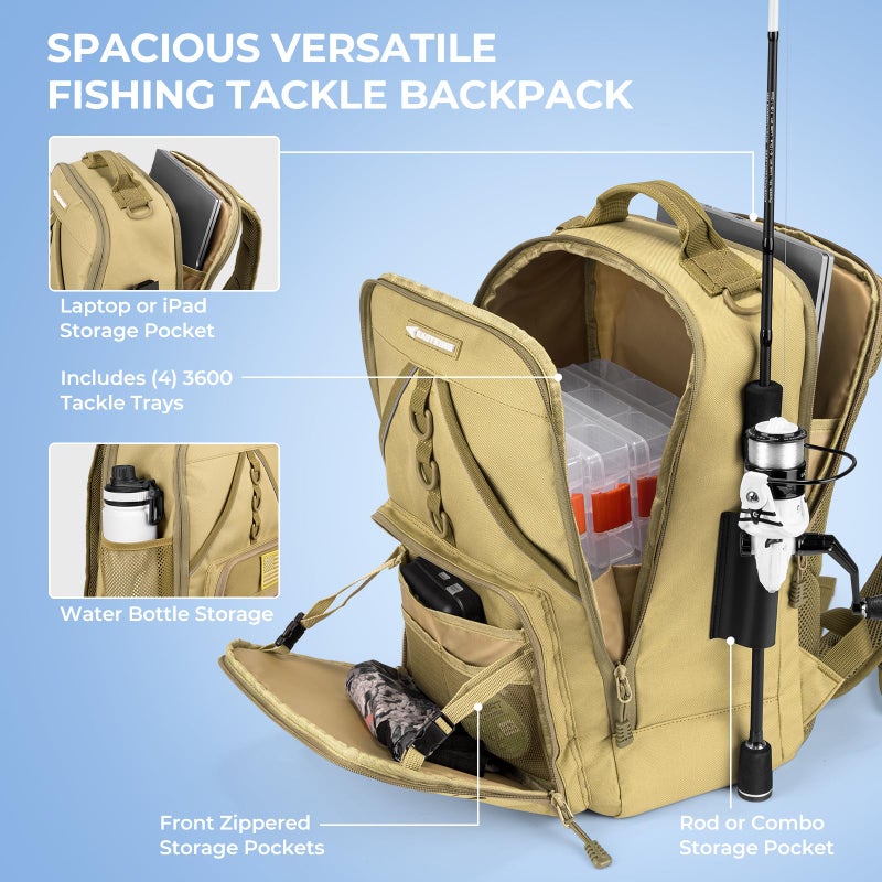 KastKing KarryAll Fishing Tackle Backpack with Rod Holder 4 Tackle Boxes,40/26L Tackle Bag Storage Fishing Gear and Equipment,Khaki,Medium - Image 3