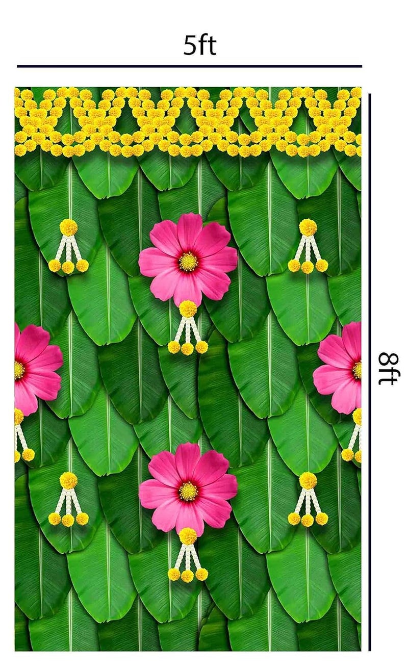 S2S قماش خلفية ورقة الموز مع زهور وردية | لتزيين البوجا ستارة خلفية تقليدية | ارتفاع 8 أقدام وعرض 5 أقدام - Image 2