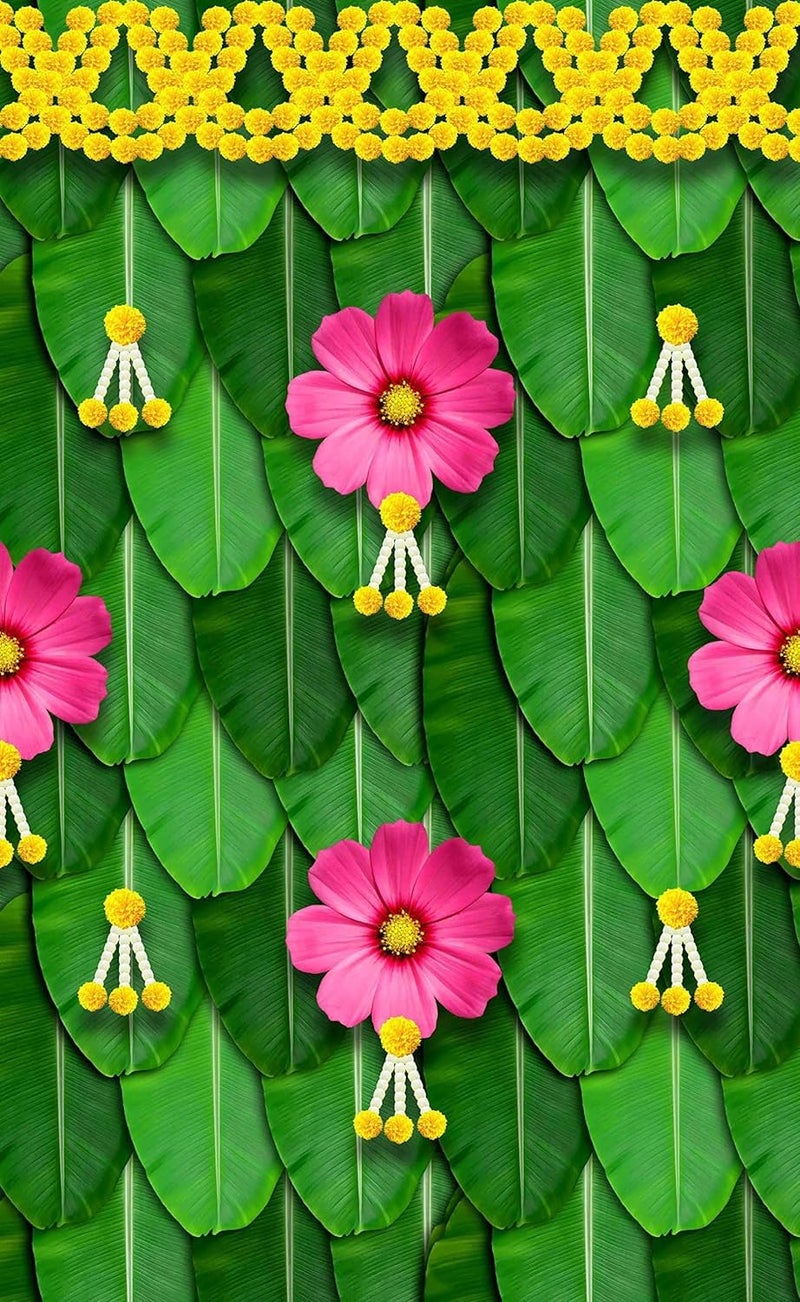 S2S قماش خلفية ورقة الموز مع زهور وردية | لتزيين البوجا ستارة خلفية تقليدية | ارتفاع 8 أقدام وعرض 5 أقدام - Image 1