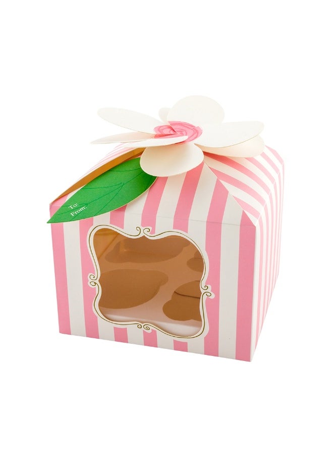 Restaurantware Pastry Tek 7 x 7 x 5 Inch Cupcake Gift Boxes, 100 Fits 4 Cupcake Favor Boxes - Flower Top, Cupcake Inserts, Pink Paper Treat Boxes With Window, For Weddings Or Parties, Stripes  - Image 1