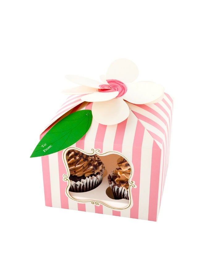 Restaurantware Pastry Tek 7 x 7 x 5 Inch Cupcake Gift Boxes, 100 Fits 4 Cupcake Favor Boxes - Flower Top, Cupcake Inserts, Pink Paper Treat Boxes With Window, For Weddings Or Parties, Stripes  - Image 2