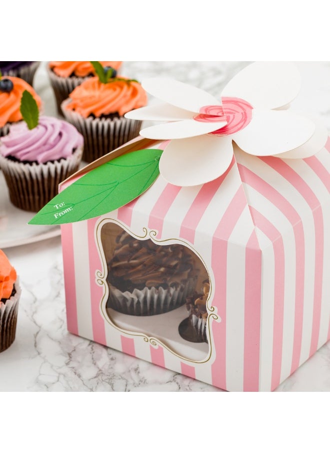 Restaurantware Pastry Tek 7 x 7 x 5 Inch Cupcake Gift Boxes, 100 Fits 4 Cupcake Favor Boxes - Flower Top, Cupcake Inserts, Pink Paper Treat Boxes With Window, For Weddings Or Parties, Stripes  - Image 3