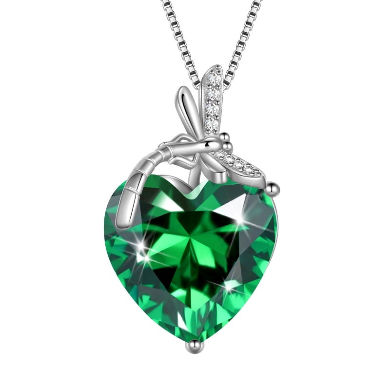 Juwaliy Dragonfly Necklace Heart May Birthstone Necklace Emerald CZ 925 Sterling Silver Pendant Green Jewelry Women Birthday Christmas Mother's Day Gifts - Image 1