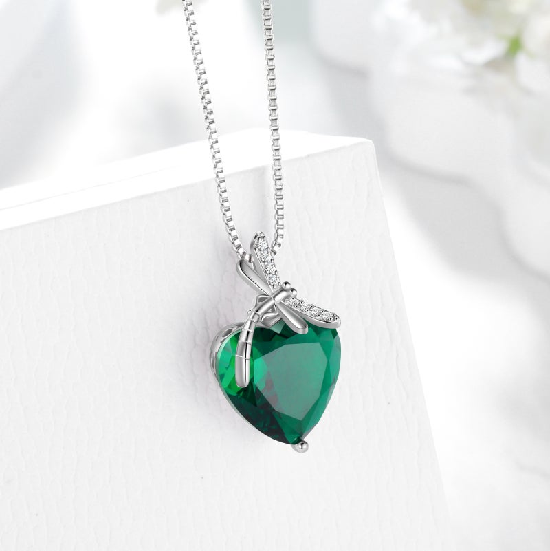 Juwaliy Dragonfly Necklace Heart May Birthstone Necklace Emerald CZ 925 Sterling Silver Pendant Green Jewelry Women Birthday Christmas Mother's Day Gifts - Image 5