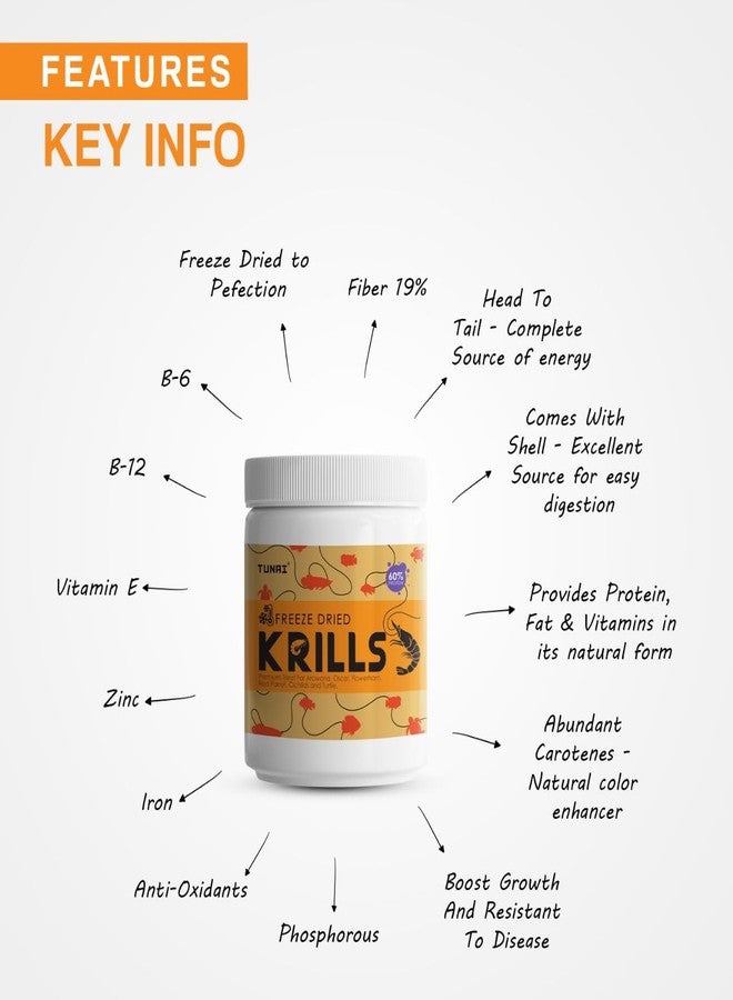 TUNAI Freeze Dried Krills Fish Food & Treats for Turtle, Cichlids, Flowerhorn, Oscar, Red Parrot, Arowana & Other Carinvorous Fish (50 G, Kril),Adult - Image 2