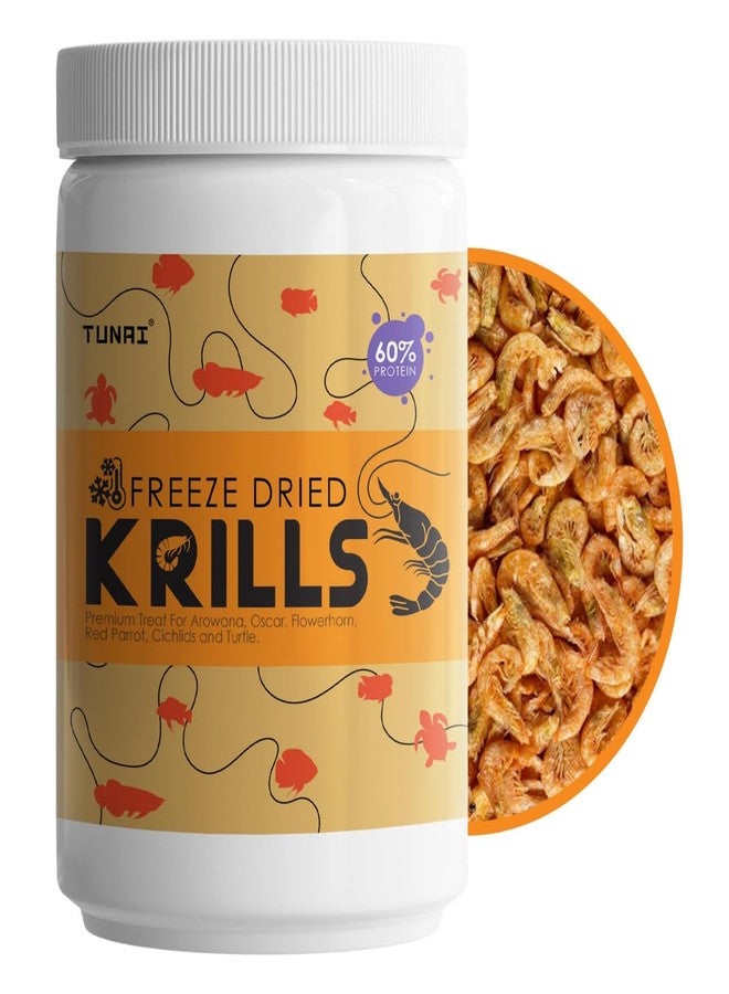 TUNAI Freeze Dried Krills Fish Food & Treats for Turtle, Cichlids, Flowerhorn, Oscar, Red Parrot, Arowana & Other Carinvorous Fish (50 G, Kril),Adult - Image 1