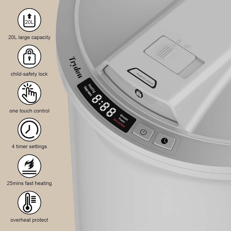 Trydow Ultra Large Capacity Towel Warmer Bucket, Rapid Heating with Timer, One-Button Digital Display Control, Safety Lock, Gifts for Him & Her, Auto Shut-Off, Fits 2 Large, Blanket, Bathrobe, Gray - Image 2