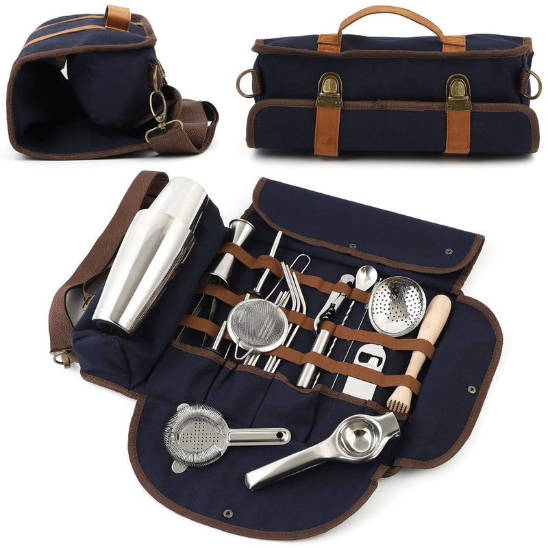 Houseables Travel Bartender Kit Bag Traveling Bar Set Portable Mixology Sets 23 Pieces Dark Blue Silver Professional Bartending Accessories Starter Cocktail Mixer Mobile Barware Tool Kitbag  Houseables 
