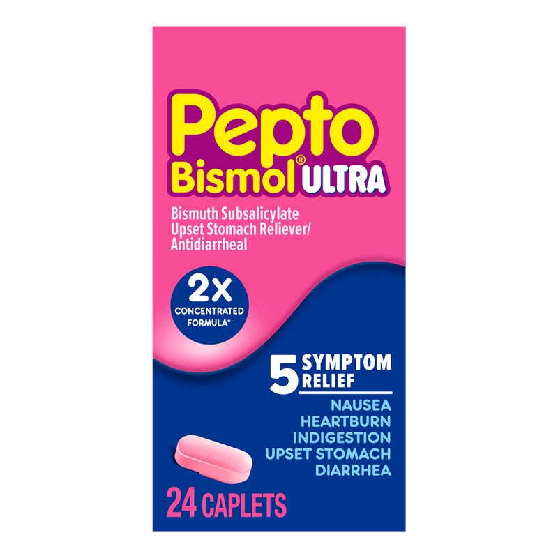 Pepto Bismol ULTRA Caplets, Upset Stomach Relief, Nausea Relief, Heartburn Relief, Indigestion Relief, Anti Diarrhea Medication for Adults - 5 Symptom Relief, 24 ct - Image 1