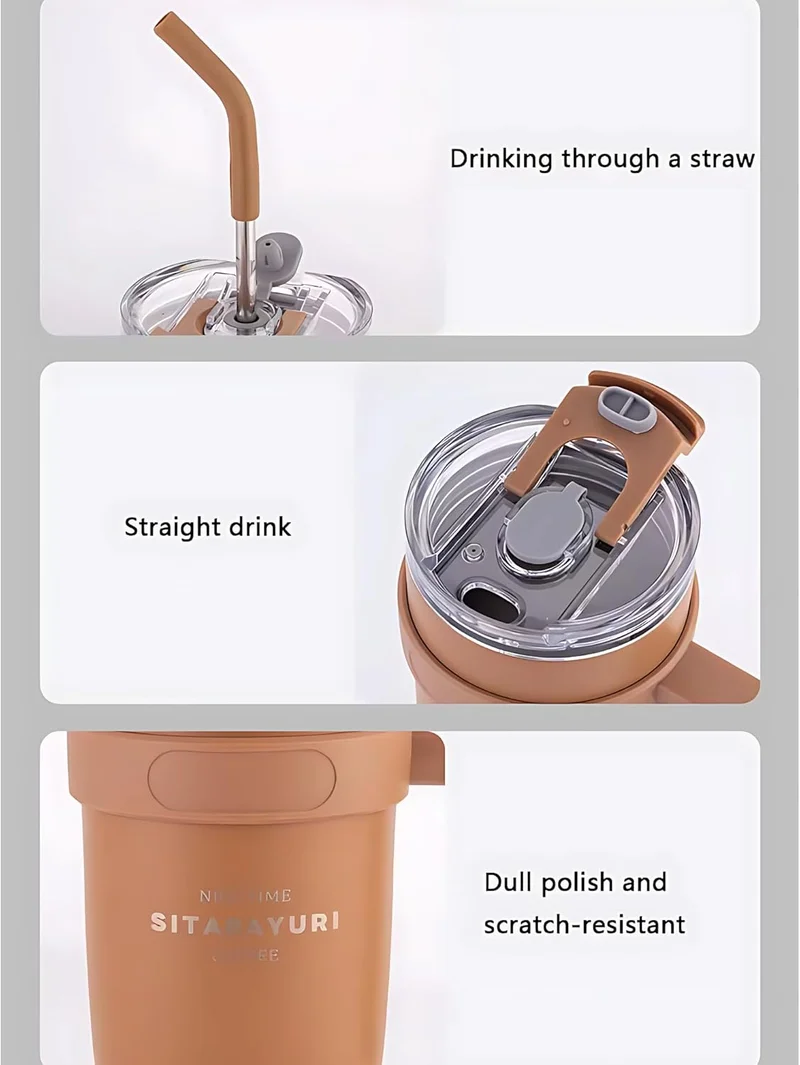 Mobcos 40oz Stainless Steel Tumbler with Handle – Leakproof, Insulated Travel Mug with Lid &amp; Straw – Reusable Double-Wall Vacuum Cup for Hot &amp; Cold Drinks for Girls and Boys for Outdoor (Brown)