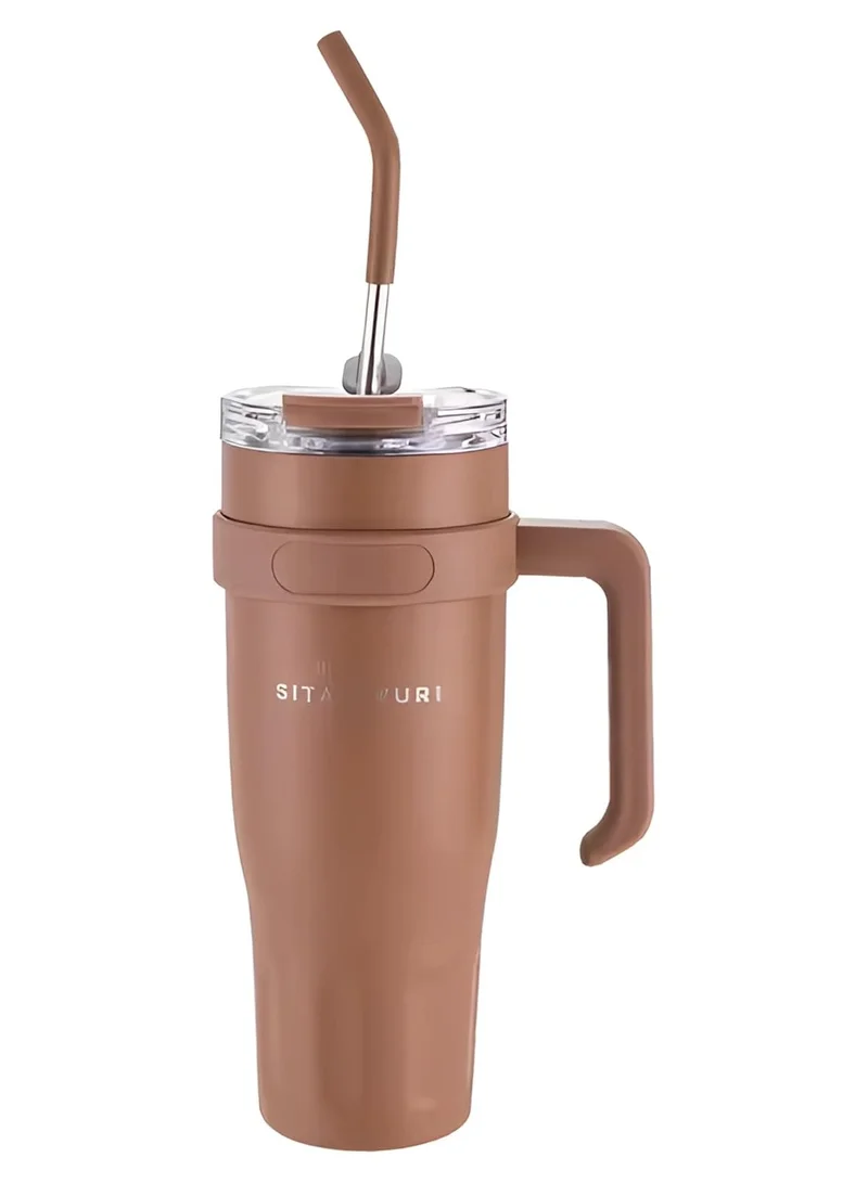 Mobcos 40oz Stainless Steel Tumbler with Handle – Leakproof, Insulated Travel Mug with Lid &amp; Straw – Reusable Double-Wall Vacuum Cup for Hot &amp; Cold Drinks for Girls and Boys for Outdoor (Brown)